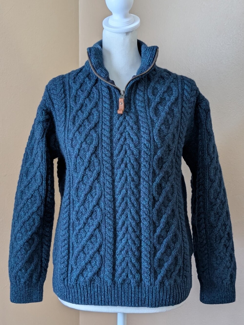 THE IRISH STORE 100% Merino Wool Cable Knit Sweater Womens S Teal Quarter Zip
